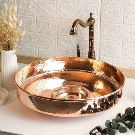 Lavabo rond discret en cuivre patiné bleu, fabriqué à la main, 45,7 cm (18 po)