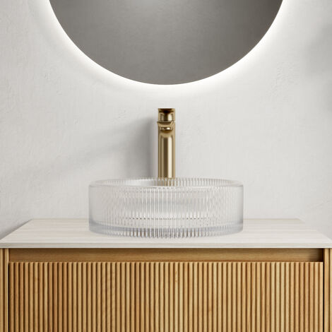 Lavabo rond en cristal de 36 cm (sans robinet) avec décor rayures artistiques - Transparent