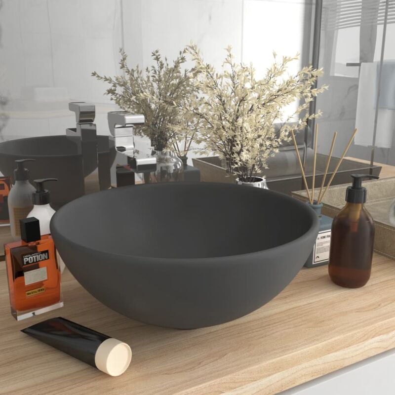 Lavabo rond à poser de luxe Lavabo Vasque salle de bain de salle Gris foncé mat 32,5x14cm Céramique