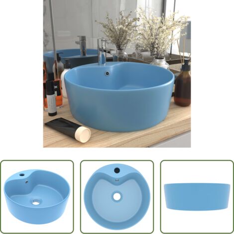 Lavabo rotondo -  Lavandino con Troppopieno Azzurro Opaco 36x13 cm in Ceramica