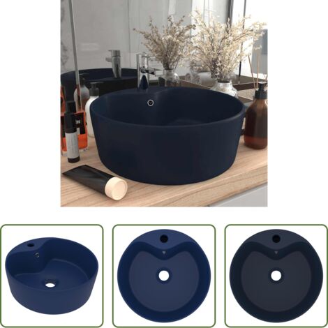 Lavabo rotondo -  Lavandino con Troppopieno Blu Scuro Opaco 36x13 cm in Ceramica