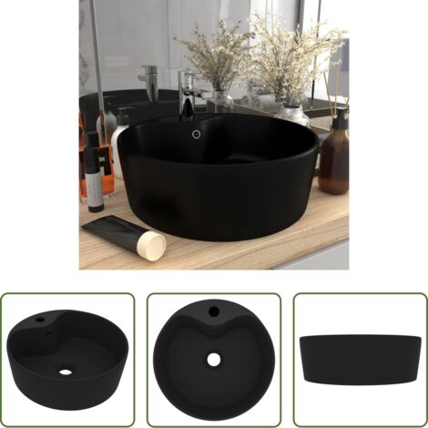 Lavabo rotondo -  Lavandino con Troppopieno Nero Opaco 36x13 cm in Ceramica