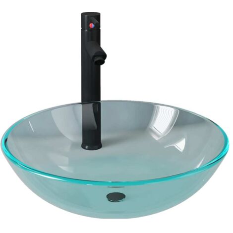 Lavabo salle de bain diamètre 42 cm avec robinet et drain à poussoir verre trempé
