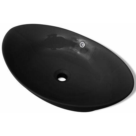 Lavabo salle de bain ovale avec trop plein 59 cm céramique noir