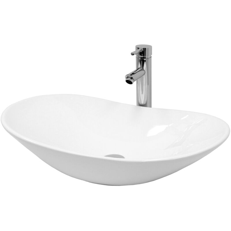 ECD Germany Lavabo Ovale en Céramique, 640x365x130 mm, Blanc, avec Garniture de Vidage 1 1/4, pour Lavabo sans Trop-Plein, Vasque à Poser, Évier ECD Germany Lavabo Ovale en Céramique, 640x365x130 mm, Blanc, avec Garniture de Vidage 1 1/4, pour Lavabo sans Trop-Plein, Vasque à Poser, Évier