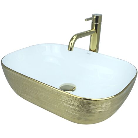 Lavabo sobre encimera GTM Design 46 cm - Lavabo moderno brillante sin orificio para grifería - Elegante lavabo sobre encimera ovalado para baños y aseos de cortesía - Solo lavabos de baño
