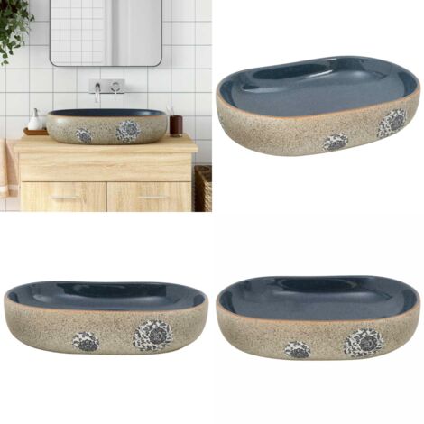 Lavabo sobre encimera ovalado arena y azul cerámica 59x40x14 cm - Baño - Cerámica