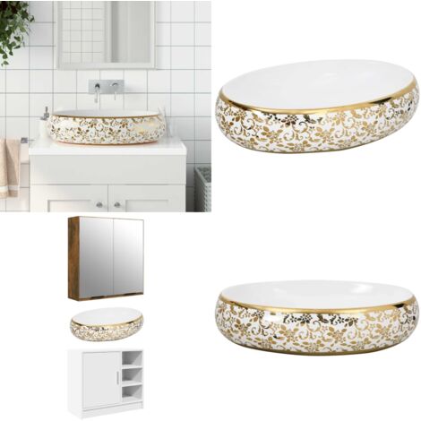 Lavabo sobre encimera ovalado cerámica blanco dorado 59x40x15cm - Baño - Cerámica