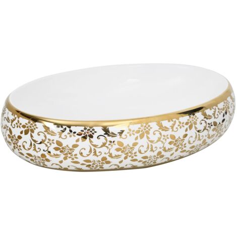 Lavabo sobre encimera ovalado cerámica blanco dorado 59x40x15cm vidaXL