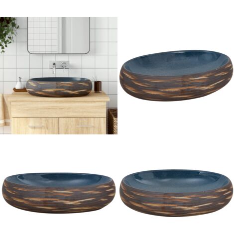 Lavabo sobre encimera ovalado cerámica marrón y azul 59x40x15cm - Baño - Cerámica