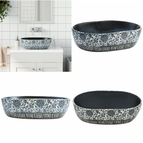 Lavabo sobre encimera ovalado cerámica negro y azul 47x33x13 cm - Baño - Cerámica
