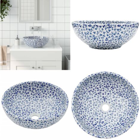 Lavabo sobre encimera redondo cerámica blanco y azul Φ41x14 cm - Baño - Cerámica