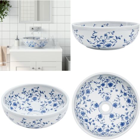 Lavabo sobre encimera redondo cerámica blanco y azul Φ41x14 cm - Baño - Cerámica