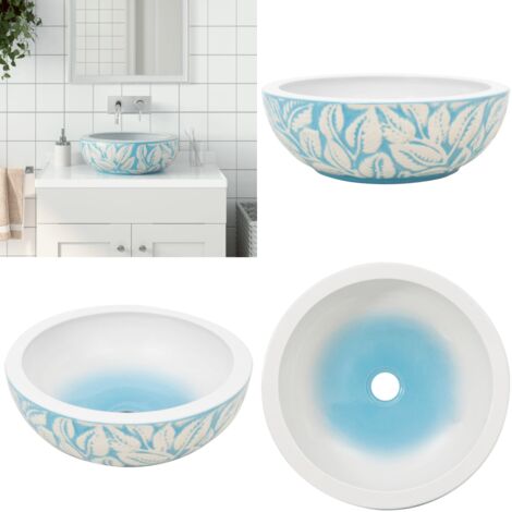 Lavabo sobre encimera redondo cerámica blanco y azul Φ41x14 cm - Baño - Cerámica