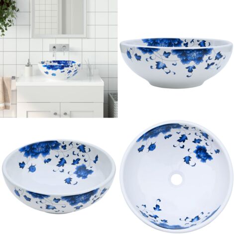 Lavabo sobre encimera redondo cerámica blanco y azul Φ41x14 cm - Baño - Cerámica