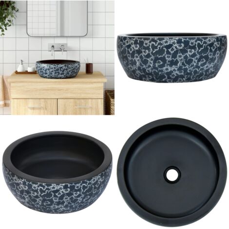 Lavabo sobre encimera redondo cerámica negro y azul Φ41x14 cm - Lavabo cerámico - Baño moderno