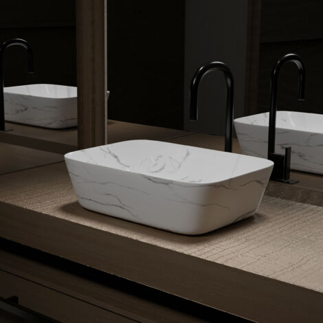 Lavabo sobreponer Rectangular de Cerámica Blanca Mate Efecto Mármol - 45,5x32,5x13 cm - WHITE MARBLE
