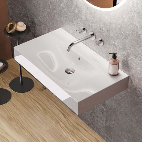 Lavabo sospeso 100cm rettangolare in ceramica bianca senza foro per rubinetto Rak Des