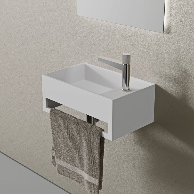 Lavabo sospeso PB2077 in pietra solida (Solid Stone) - 50 x 30 x 20 cm - bianco opaco - con porta asciugamani integrato