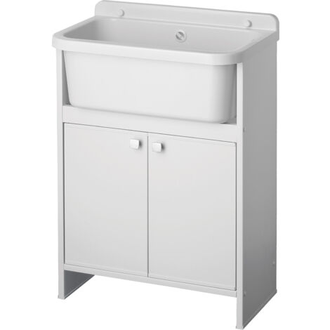Lavabo sur colonne en PVC 55 cm – Économiseur d'espace pour espaces réduits – Siphon autonettoyant – KIT intérieur/extérieur avec grille – Cr Smart