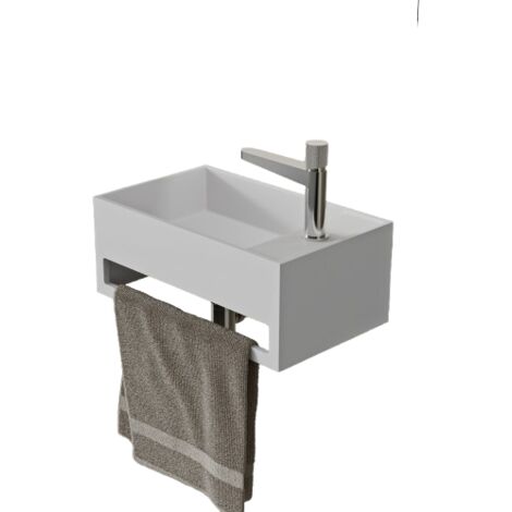 Lavabo suspendido con toallero integrado PB2077 de piedra sólida - 50 x 30 x 20 cm - blanco mate