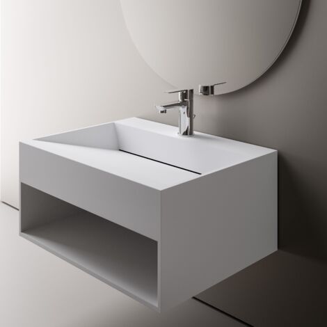 Lavabo de pared de piedra maciza con espacio de almacenamiento TWG71 - blanco mate - ancho seleccionable