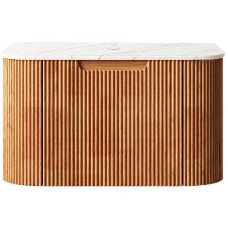 Lavabo suspendu 61 cm pour salle de bain, plan de travail blanc Carrara, armoire en contreplaqué à bandes bords courbes avec tiroir, SANS vasque, prémonté, veinage naturel du bois