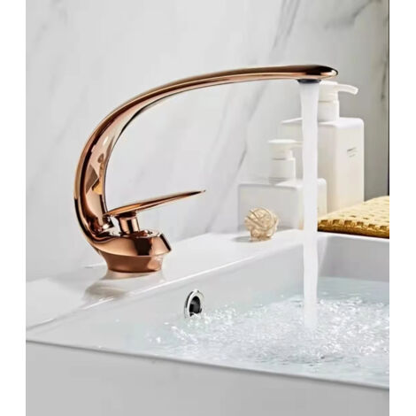 Lavabo tout en cuivre, lavabo, salle de bain, robinet de lavabo à eau mixte chaude et froide, y compris tuyau d'entrée de 60 cm (or rose)