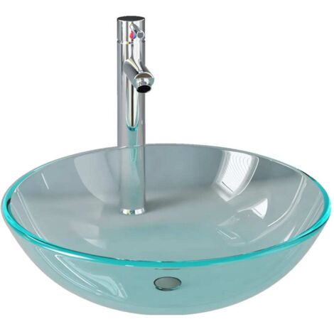 Lavabo vasque à poser Luxueux, Bac à laver, avec robinet et drain à poussoir Verre trempé OIB6667E