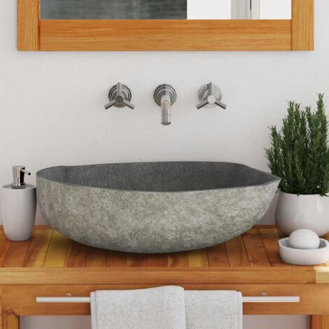 Lavabo vasque à poser Luxueux, Bac à laver, en pierre de rivière Ovale 46-52 cm OIB4988E