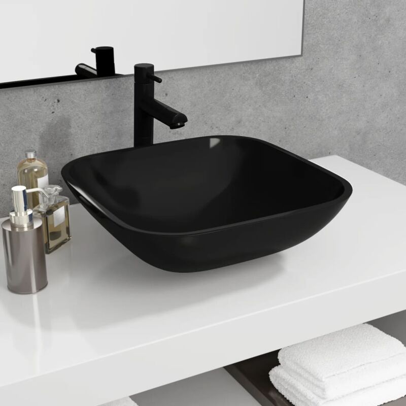 Lavabo Vasque à poser pour salle de bain Verre 42x42x14 cm Noir 49384