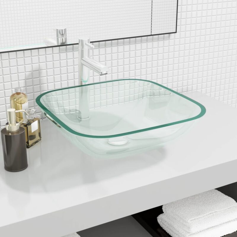 Lavabo Vasque à poser pour salle de bain Verre 42x42x14 cm Transparent 55018