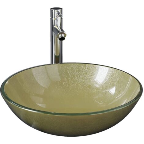 Lavabo vasque salle de bain diamètre 42 cm avec robinet et drain à poussoir verre trempé