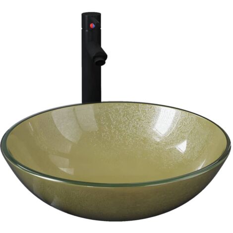 Lavabo vasque salle de bain diamètre 42 cm avec robinet et drain à poussoir verre trempé