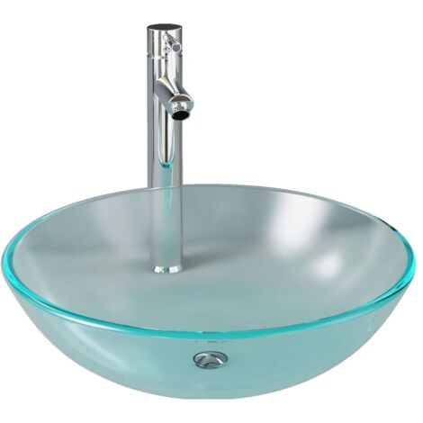 Lavabo vasque salle de bain diamètre 42 cm avec robinet et drain à poussoir verre trempé