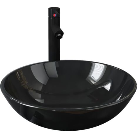 Lavabo vasque salle de bain diamètre 42 cm avec robinet et drain à poussoir verre trempé noir