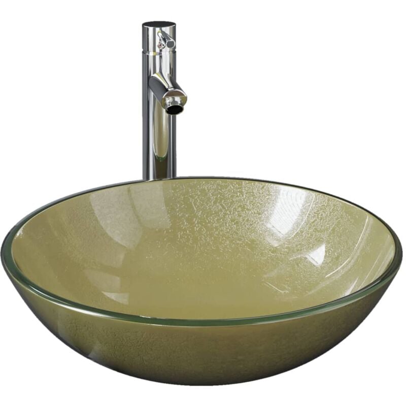 Lavabo vasque salle de bain diamètre 42 cm avec robinet et drain à poussoir verre trempé