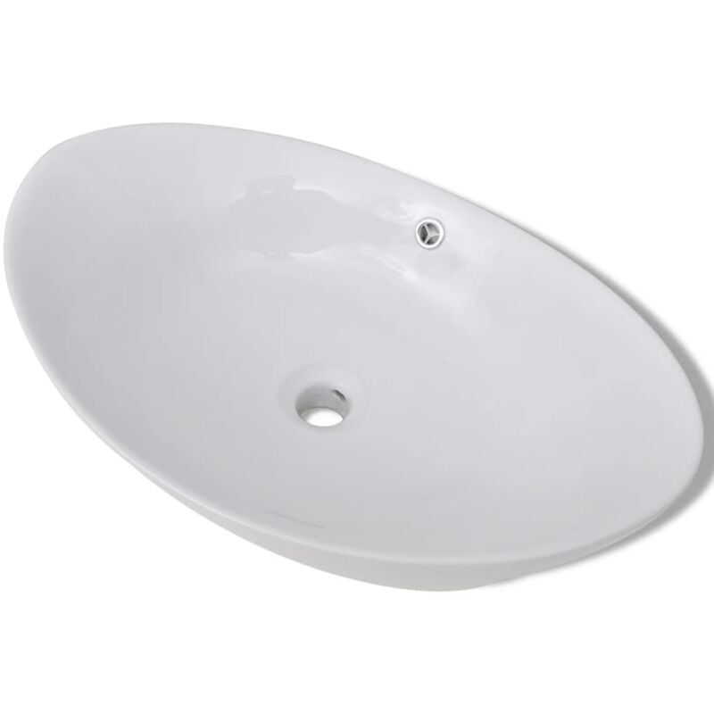 Lavabo vasque salle de bain ovale avec trop plein 59 cm céramique blanc