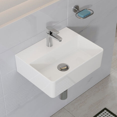 Lavabo vasque suspendue murale en céramique, 39 x 30 cm vasque à poser, Lavabo à poser, rectangulaire avec trou pour robinet non trop-plein HOROW