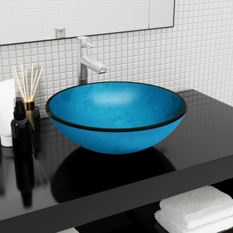 Lavabo Verre trempé 42x14 cm Bleu Vidaxl