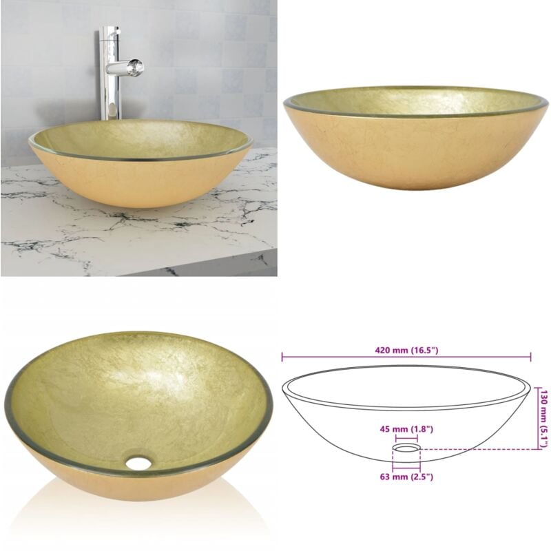 Lavabo Verre trempé 42 cm Doré - Lavabo Design - Lavabo Doré - Lavabo En Verre Trempé - Meuble Salle De Bain - Accessoires Salle De Bain - Home &