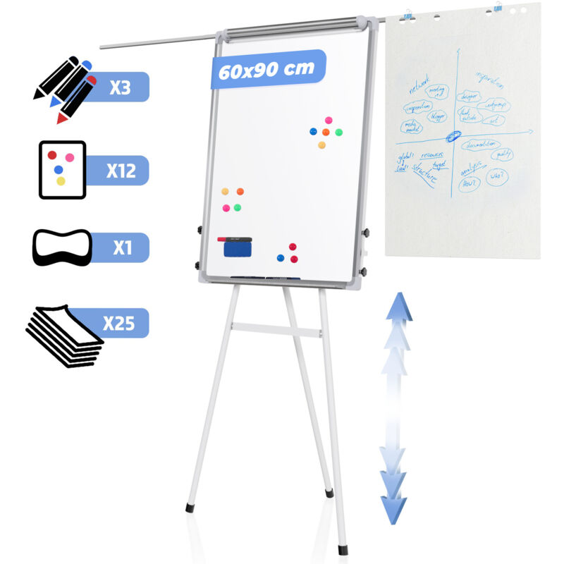 Jago® Lavagna Magnetica con Cavalletto - 90x60 cm, Bianca, Cancellabile, Altezza Regolabile, Antigraffio, Portatile, con Pennarelli e Fogli, in