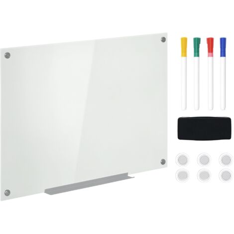 Lavagna Bianca 90x60x0,4 cm con 4 Pennarelli Colorati e Cancellino in Vetro e Alluminio Satinata
