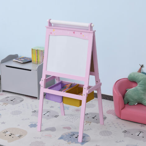 Lavagnetta per Bambini in Legno Rosa con Cavalletto 3 in 1: Lavagna Bianca, Nera e con Rullo Fogli di Carta