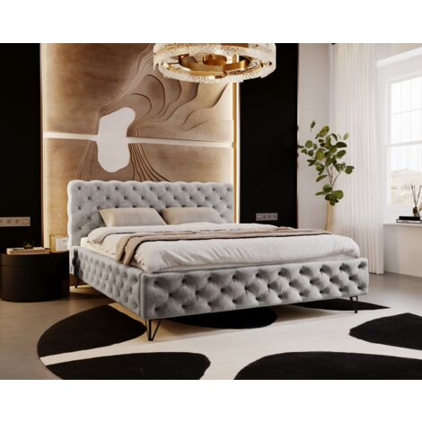 Laval Lit double 160x200 - Lit rembourré, sommier à lattes, Lit coffre, Tissu Gris (Paros 05)