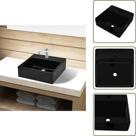 Lavandino Bagno in Ceramica Nera Quadrato con Foro per Rubinetto - Lavabo nero