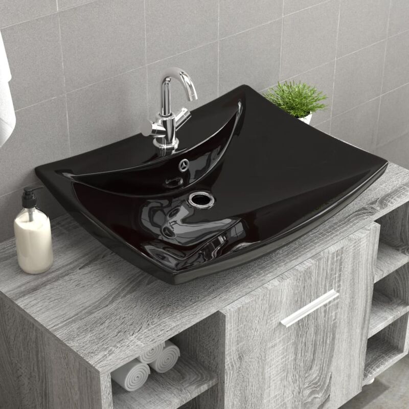 Lavandino, Lavabo Nero Ceramica Lusso Rettangolare Foro Trabocco Foro Rubinetto vidaXL 5311