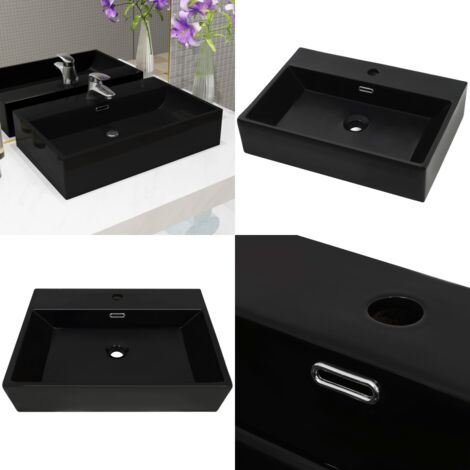 Lavandino con Foro Rubinetto in Ceramica Nero 76x42,5x14,5 cm - Lavandino nero - Lavandino con foro rubinetto