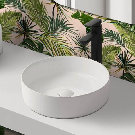 Lavandino da appoggio 40 cm design tondo in ceramica bianco lucido