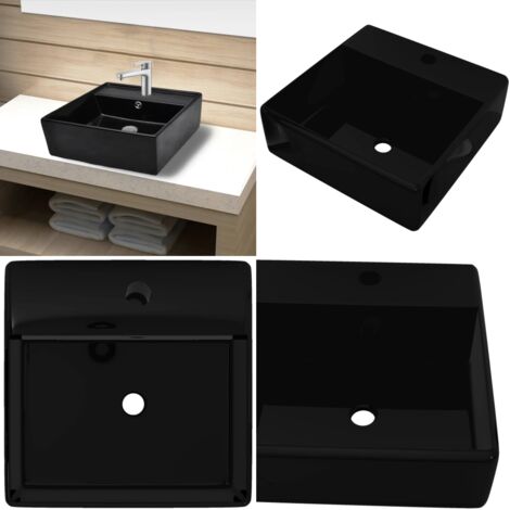 Lavandino in Ceramica Nera Quadrato con Foro Rubinetto/ Trabocco - Lavabo quadrato - Lavabo nero